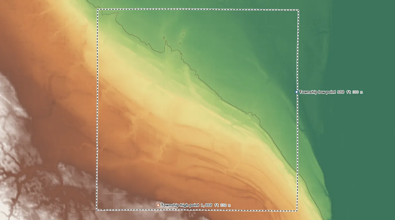 Topographic elevation map of LaMars Township, North Dakota, shaded from 980 ft on the northeast side to 1,080 ft on the southwest side