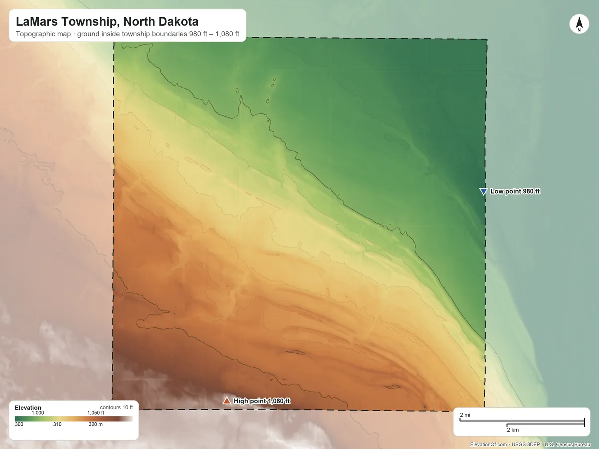 Topographic elevation map of LaMars Township, North Dakota, shaded from 980 ft on the northeast side to 1,080 ft on the southwest side