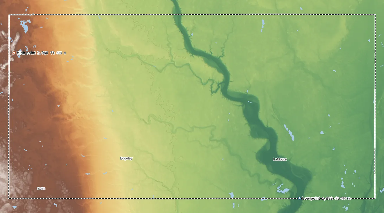 Topographic elevation map of LaMoure County, North Dakota, shaded from 1,290 ft on the southeast side to 2,080 ft on the west side