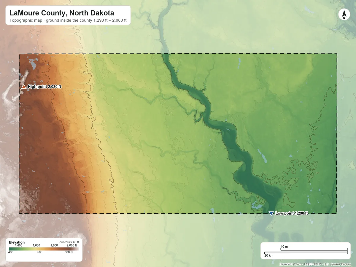 Topographic elevation map of LaMoure County, North Dakota, shaded from 1,290 ft on the southeast side to 2,080 ft on the west side