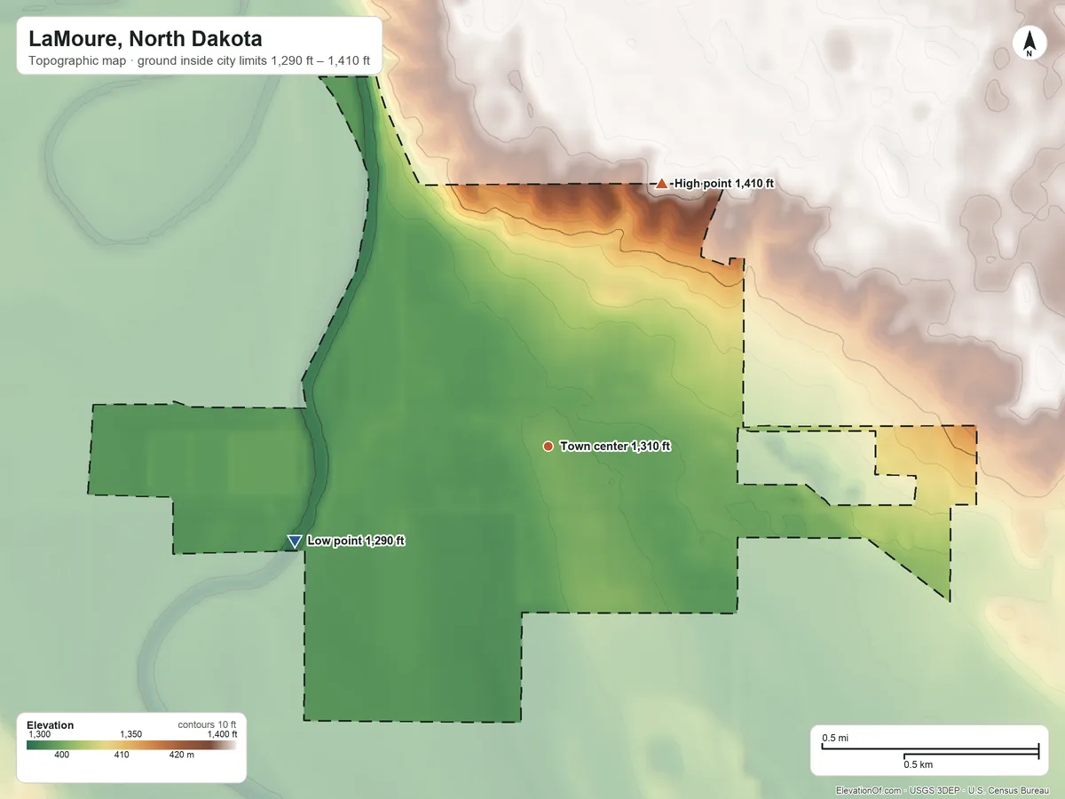 Topographic elevation map of LaMoure, North Dakota, shaded from 1,290 ft on the west side to 1,410 ft on the northeast side