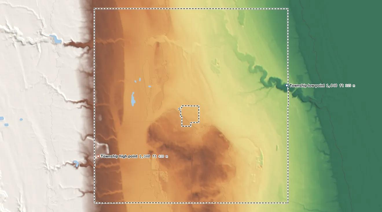 Topographic elevation map of Lampton Township, North Dakota, shaded from 1,040 ft on the east side to 1,340 ft on the southwest side