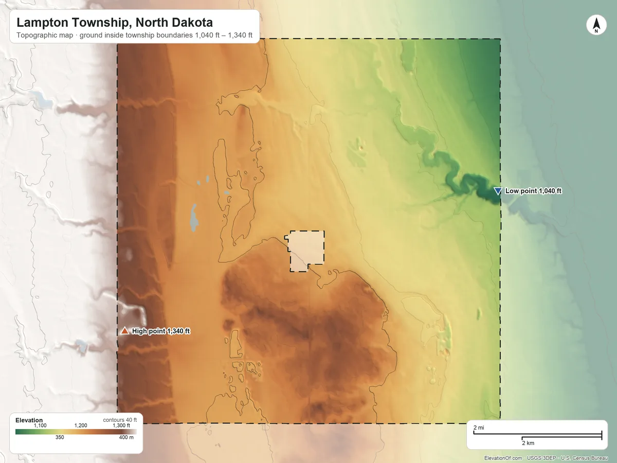 Topographic elevation map of Lampton Township, North Dakota, shaded from 1,040 ft on the east side to 1,340 ft on the southwest side