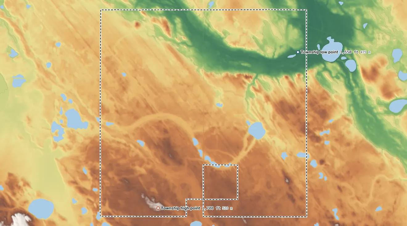 Topographic elevation map of Land Township, North Dakota, shaded from 1,550 ft on the northeast side to 1,700 ft on the south side