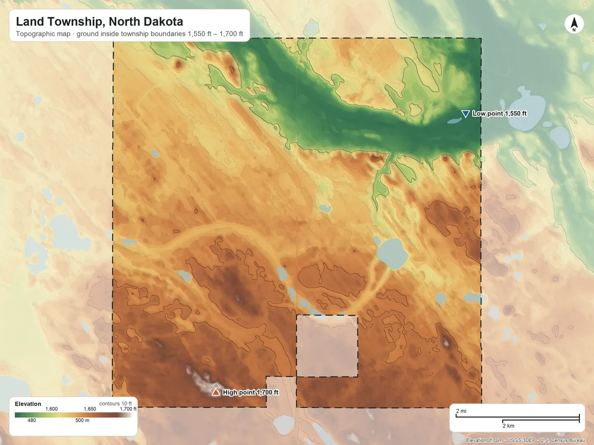 Topographic elevation map of Land Township, North Dakota, shaded from 1,550 ft on the northeast side to 1,700 ft on the south side