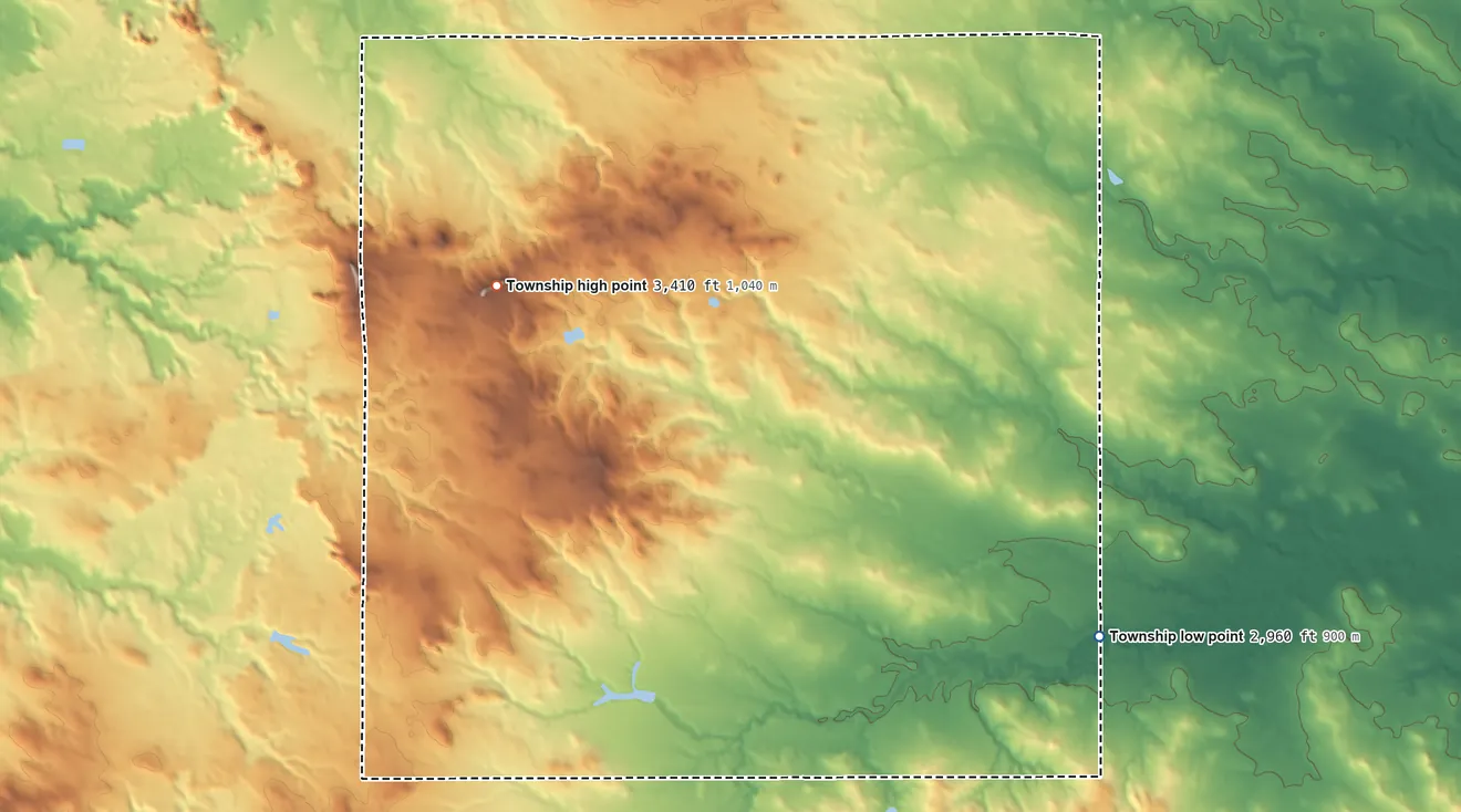 Topographic elevation map of Langberg Township, North Dakota, shaded from 2,960 ft on the southeast side to 3,414 ft on Camel Butte