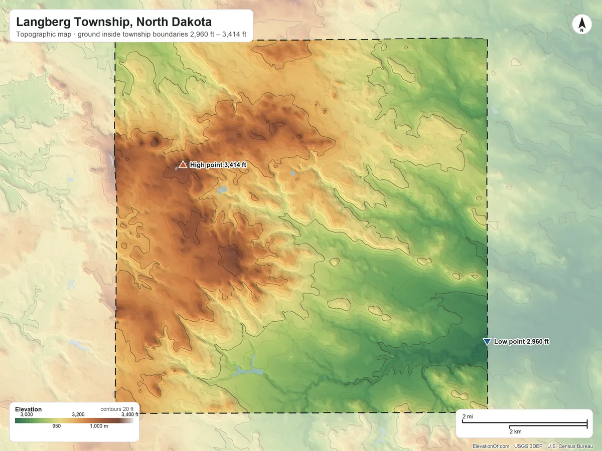 Topographic elevation map of Langberg Township, North Dakota, shaded from 2,960 ft on the southeast side to 3,414 ft on Camel Butte