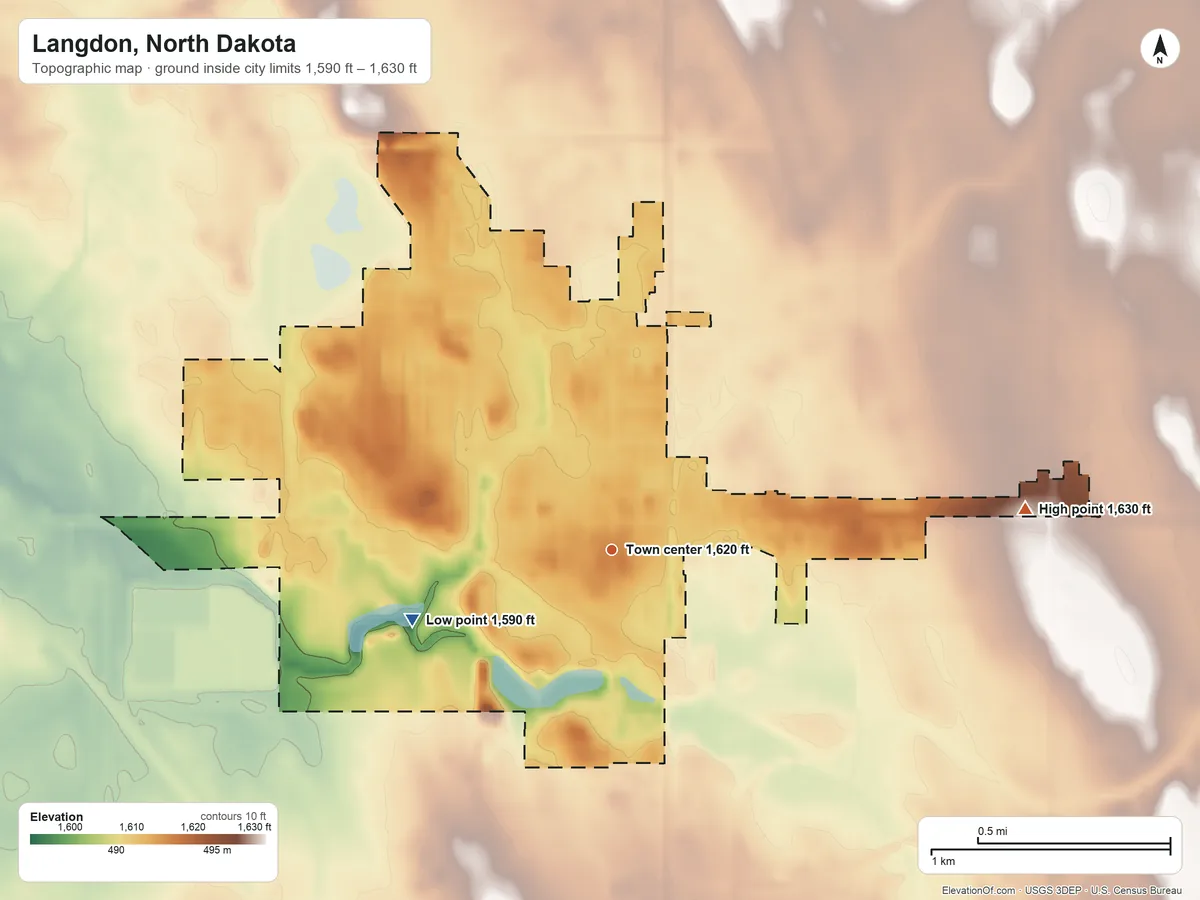 Topographic elevation map of Langdon, North Dakota, shaded from 1,590 ft on the west side to 1,630 ft on the east side