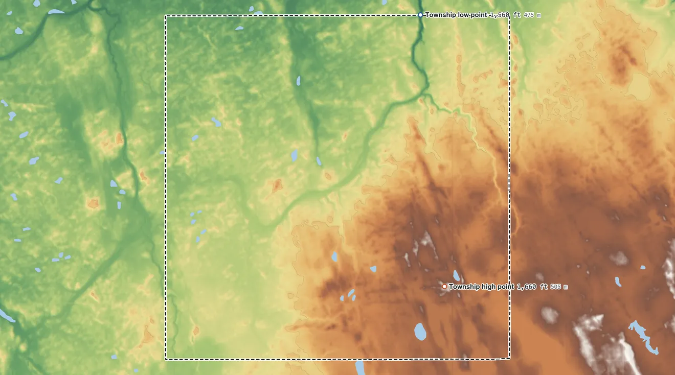 Topographic elevation map of Langdon Township, North Dakota, shaded from 1,560 ft on the northeast side to 1,660 ft on the southeast side