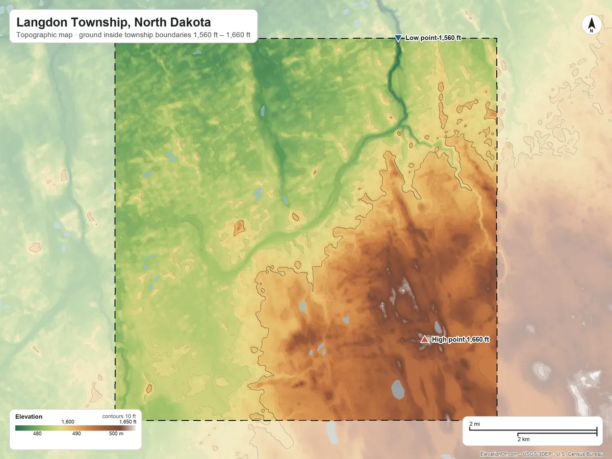 Topographic elevation map of Langdon Township, North Dakota, shaded from 1,560 ft on the northeast side to 1,660 ft on the southeast side