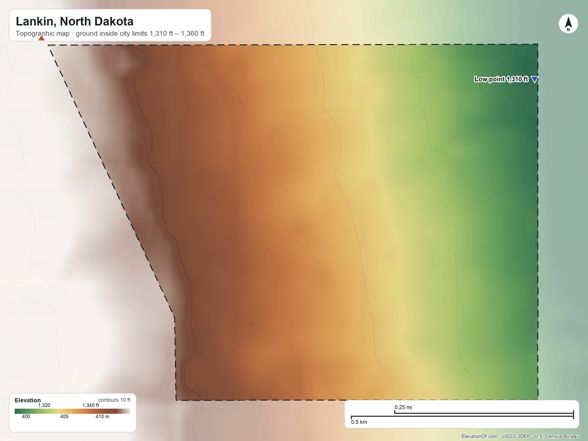 Topographic elevation map of Lankin, North Dakota, shaded from 1,310 ft on the northeast side to 1,360 ft on the northwest side
