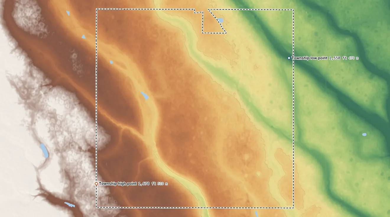 Topographic elevation map of Lansford Township, North Dakota, shaded from 1,550 ft on the east side to 1,670 ft on the southwest side