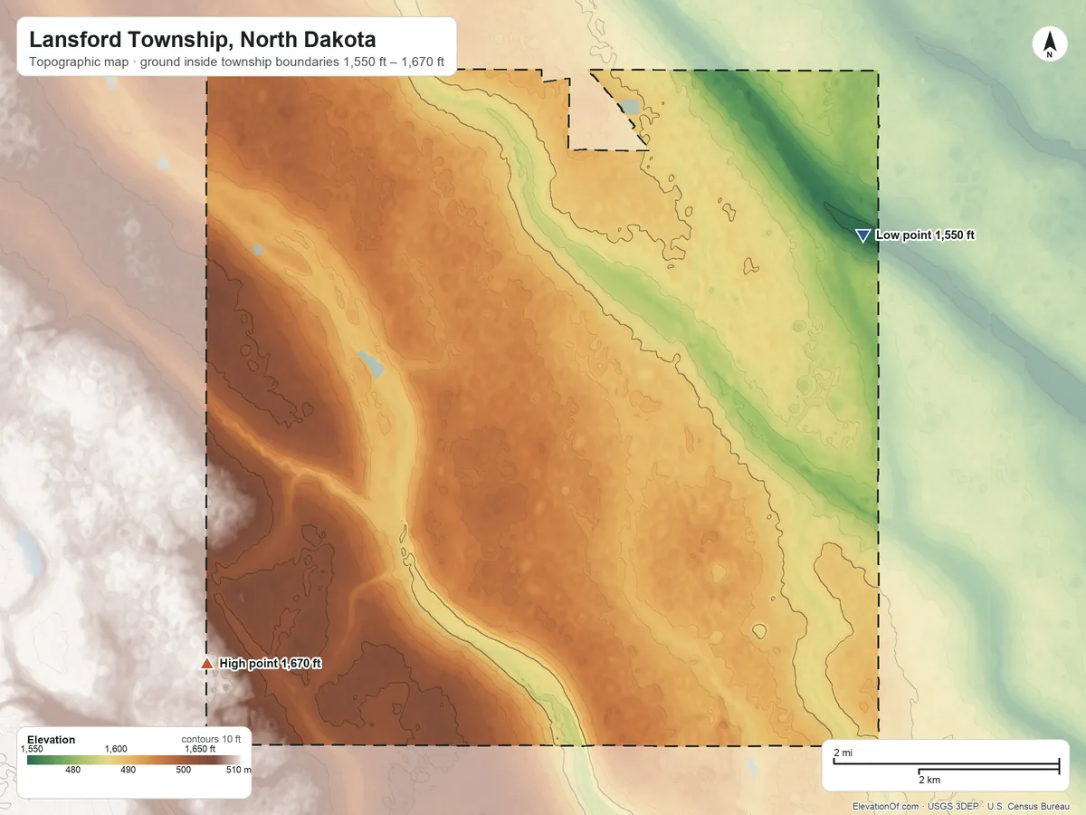 Topographic elevation map of Lansford Township, North Dakota, shaded from 1,550 ft on the east side to 1,670 ft on the southwest side