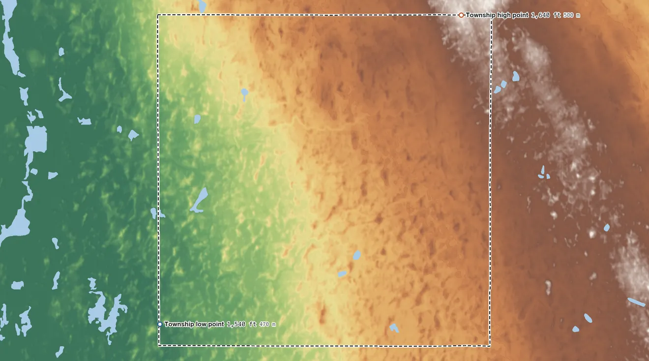 Topographic elevation map of Lansing Township, North Dakota, shaded from 1,540 ft on the southwest side to 1,640 ft on the northeast side