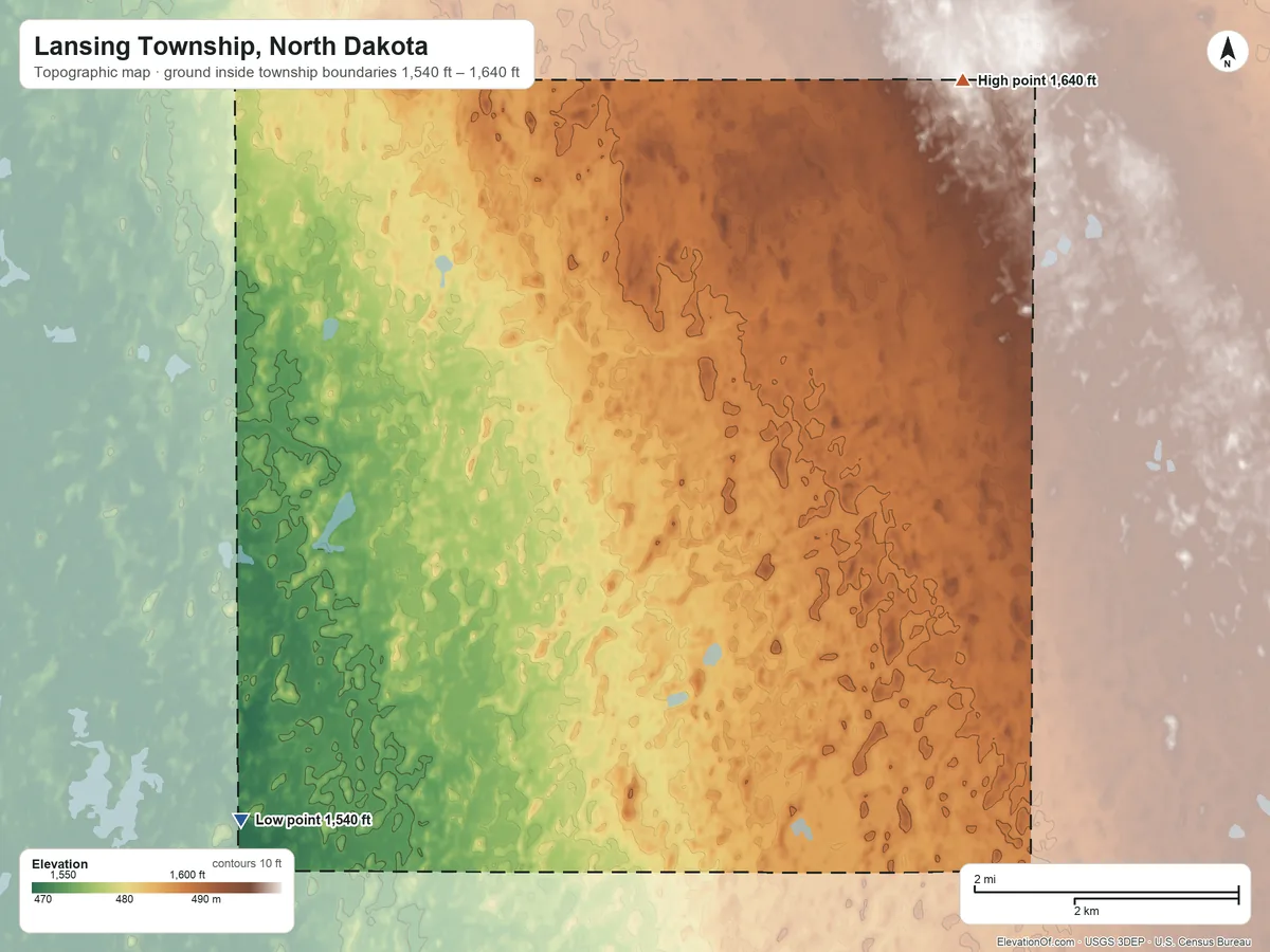 Topographic elevation map of Lansing Township, North Dakota, shaded from 1,540 ft on the southwest side to 1,640 ft on the northeast side
