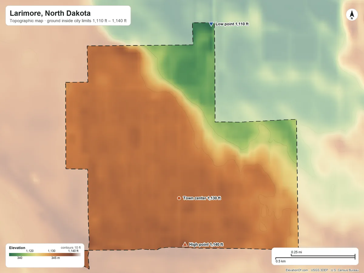 Topographic elevation map of Larimore, North Dakota, shaded from 1,110 ft on the north side to 1,140 ft on the south side