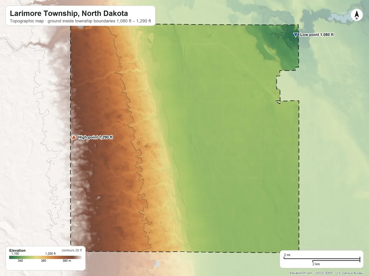 Topographic elevation map of Larimore Township, North Dakota, shaded from 1,080 ft on the northeast side to 1,290 ft on the west side