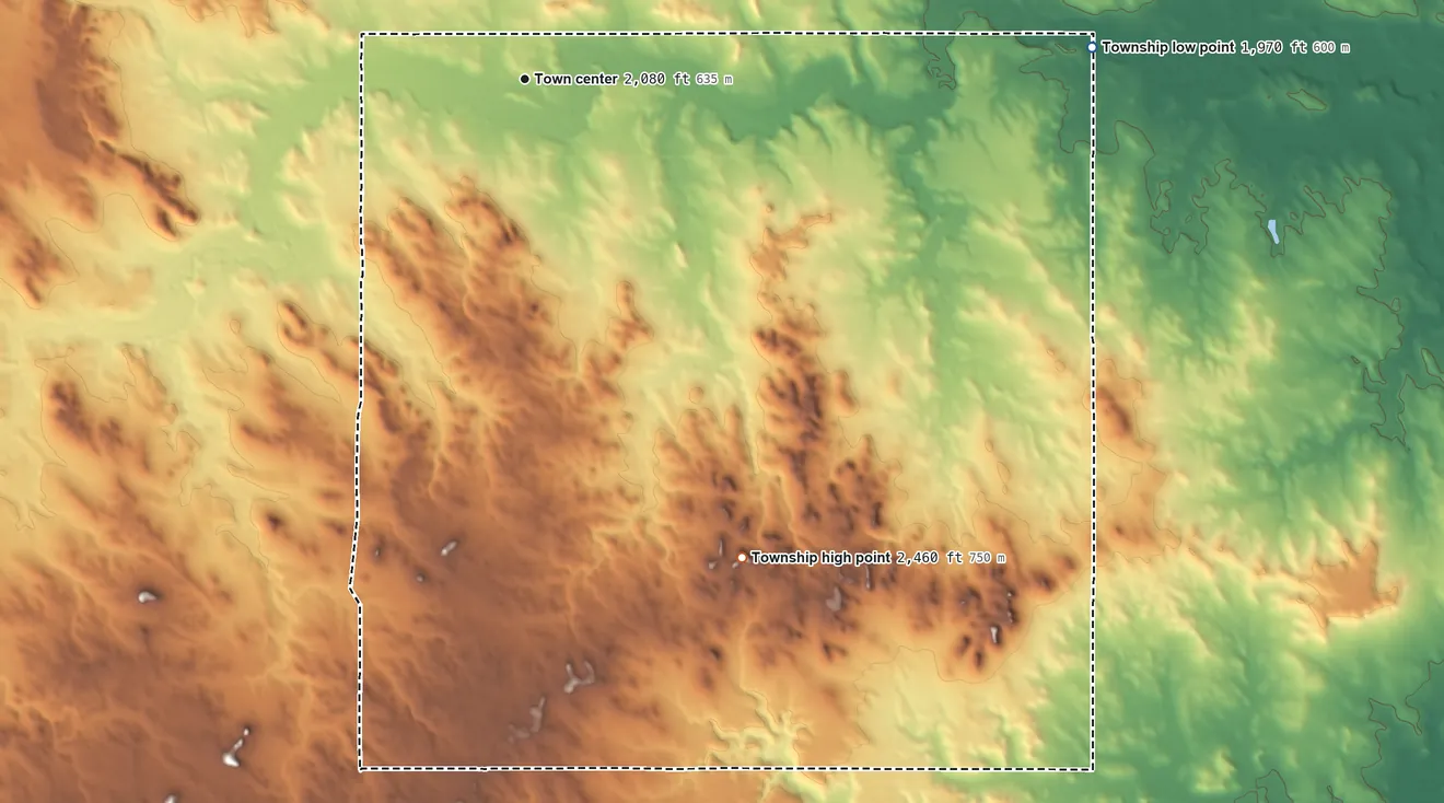 Topographic elevation map of Lark Township, North Dakota, shaded from 1,970 ft on the east side to 2,460 ft on the southeast side