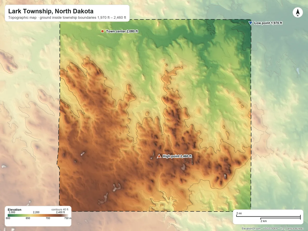 Topographic elevation map of Lark Township, North Dakota, shaded from 1,970 ft on the east side to 2,460 ft on the southeast side