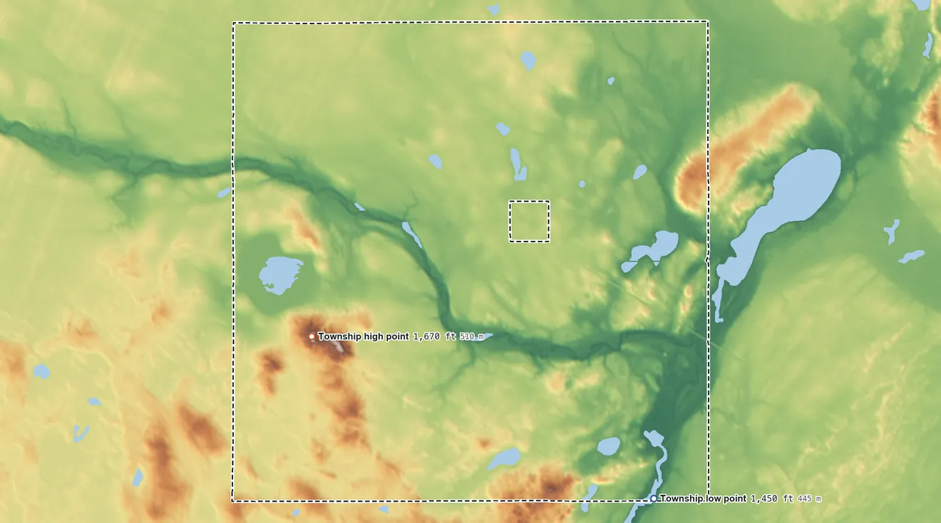 Topographic elevation map of Larrabee Township, North Dakota, shaded from 1,450 ft on the southeast side to 1,670 ft on the southwest side