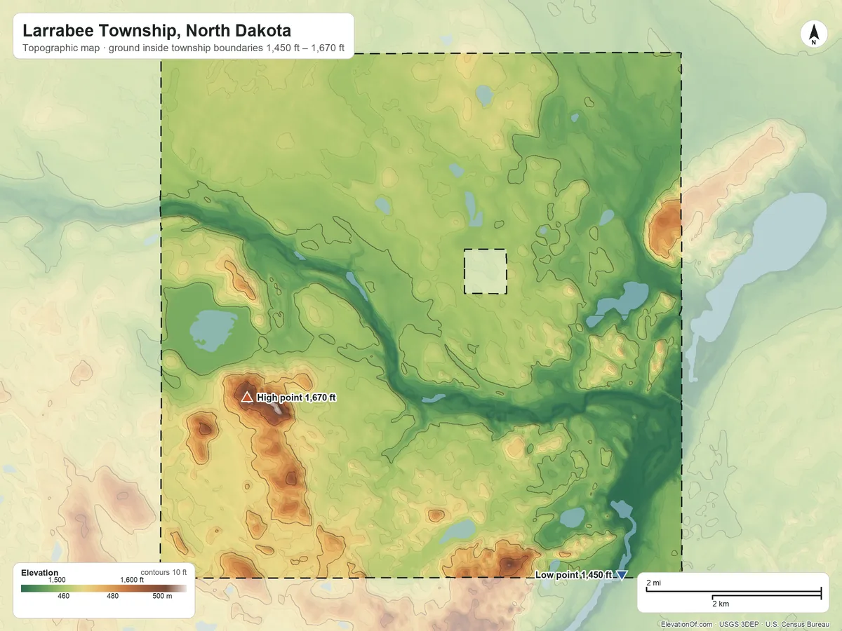 Topographic elevation map of Larrabee Township, North Dakota, shaded from 1,450 ft on the southeast side to 1,670 ft on the southwest side