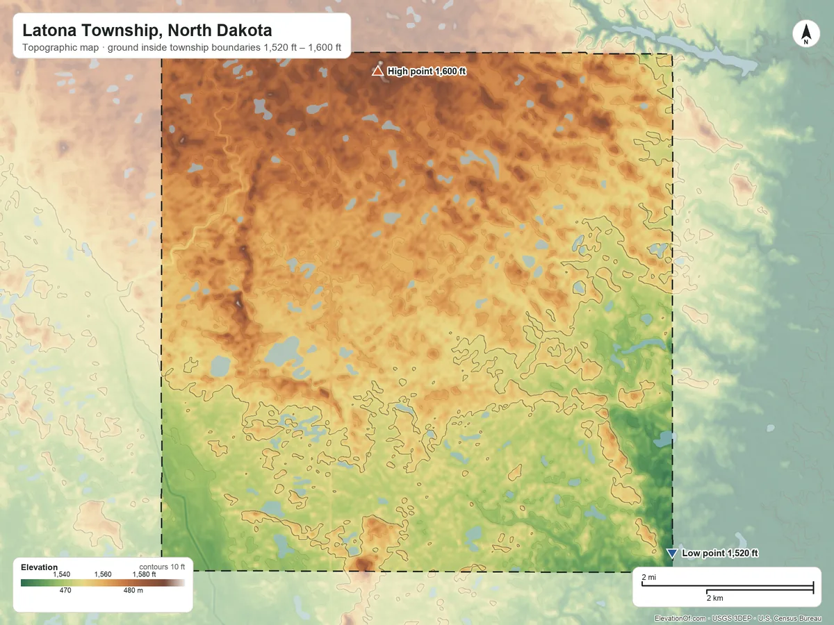 Topographic elevation map of Latona Township, North Dakota, shaded from 1,520 ft on the southeast side to 1,600 ft on the north side
