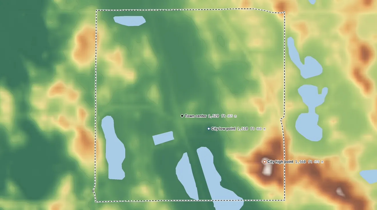Topographic elevation map of Lawton, North Dakota, shaded from 1,510 ft on the southeast side to 1,560 ft on the southeast side