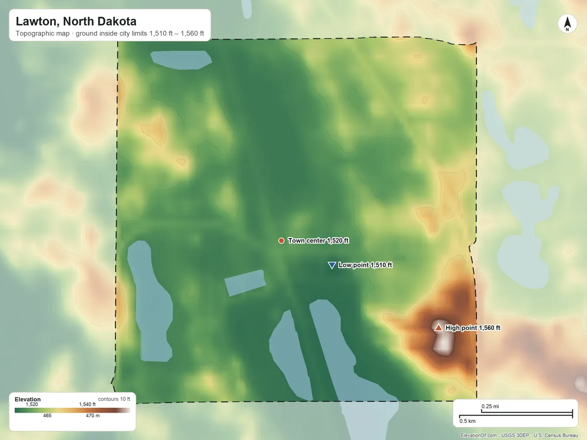Topographic elevation map of Lawton, North Dakota, shaded from 1,510 ft on the southeast side to 1,560 ft on the southeast side