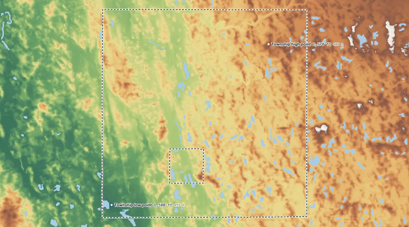 Topographic elevation map of Lawton Township, North Dakota, shaded from 1,500 ft on the south side to 1,570 ft on the northeast side
