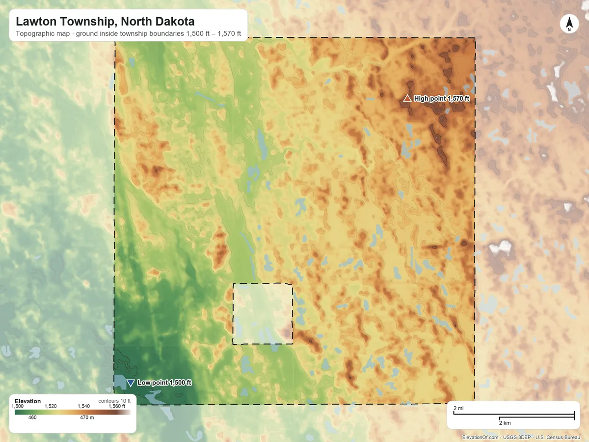 Topographic elevation map of Lawton Township, North Dakota, shaded from 1,500 ft on the south side to 1,570 ft on the northeast side