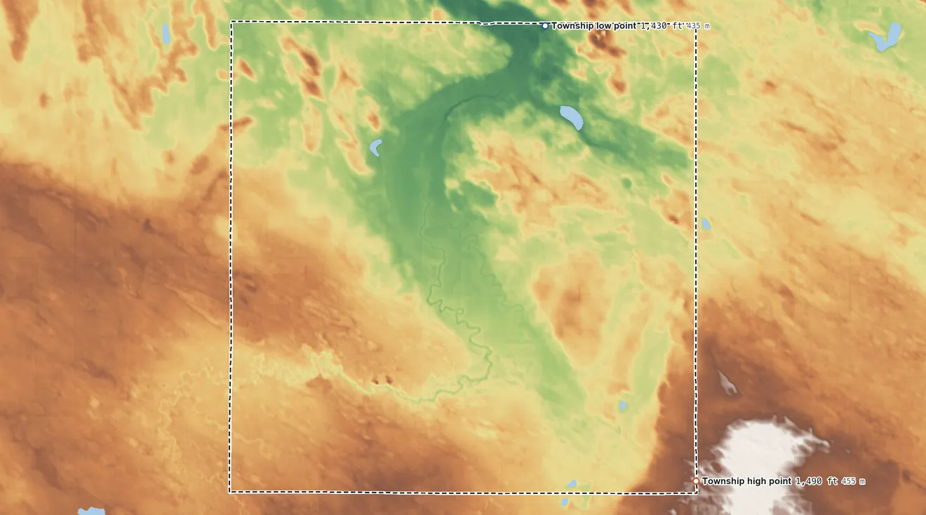 Topographic elevation map of Layton Township, North Dakota, shaded from 1,430 ft on the northeast side to 1,490 ft on the southeast side