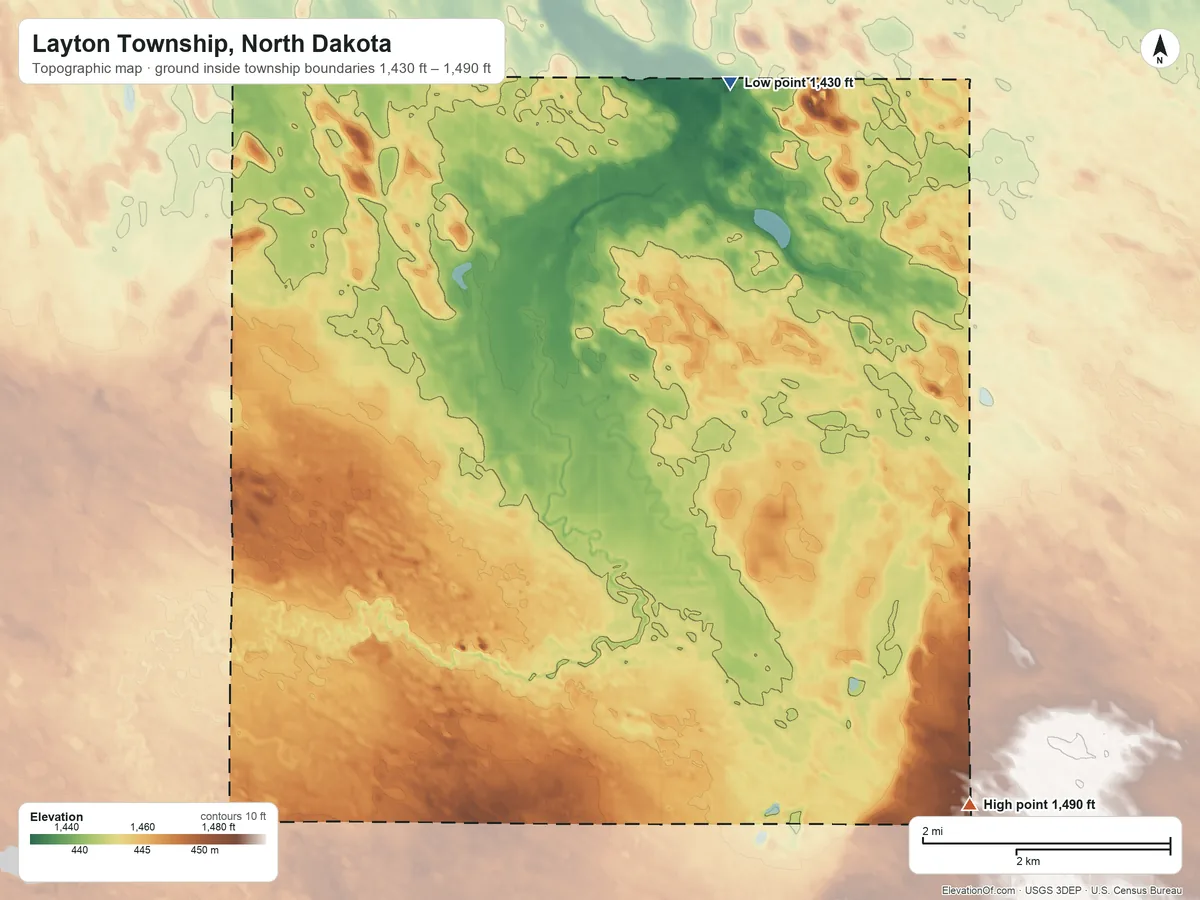Topographic elevation map of Layton Township, North Dakota, shaded from 1,430 ft on the northeast side to 1,490 ft on the southeast side