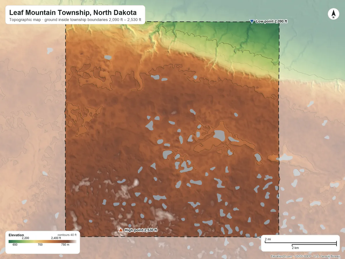 Topographic elevation map of Leaf Mountain Township, North Dakota, shaded from 2,090 ft on the northeast side to 2,530 ft on the south side