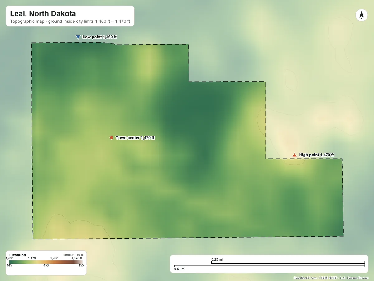 Topographic elevation map of Leal, North Dakota, shaded from 1,460 ft on the north side to 1,470 ft on the east side