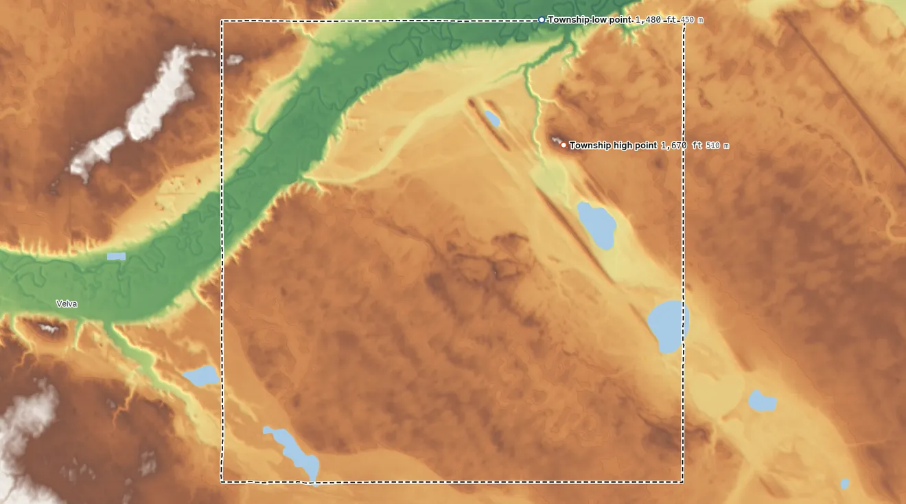 Topographic elevation map of Lebanon Township, North Dakota, shaded from 1,480 ft on the northeast side to 1,670 ft on the northeast side