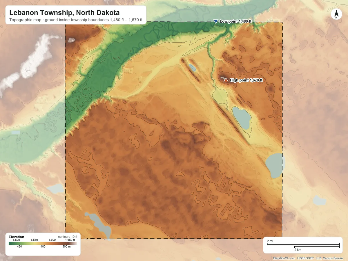 Topographic elevation map of Lebanon Township, North Dakota, shaded from 1,480 ft on the northeast side to 1,670 ft on the northeast side