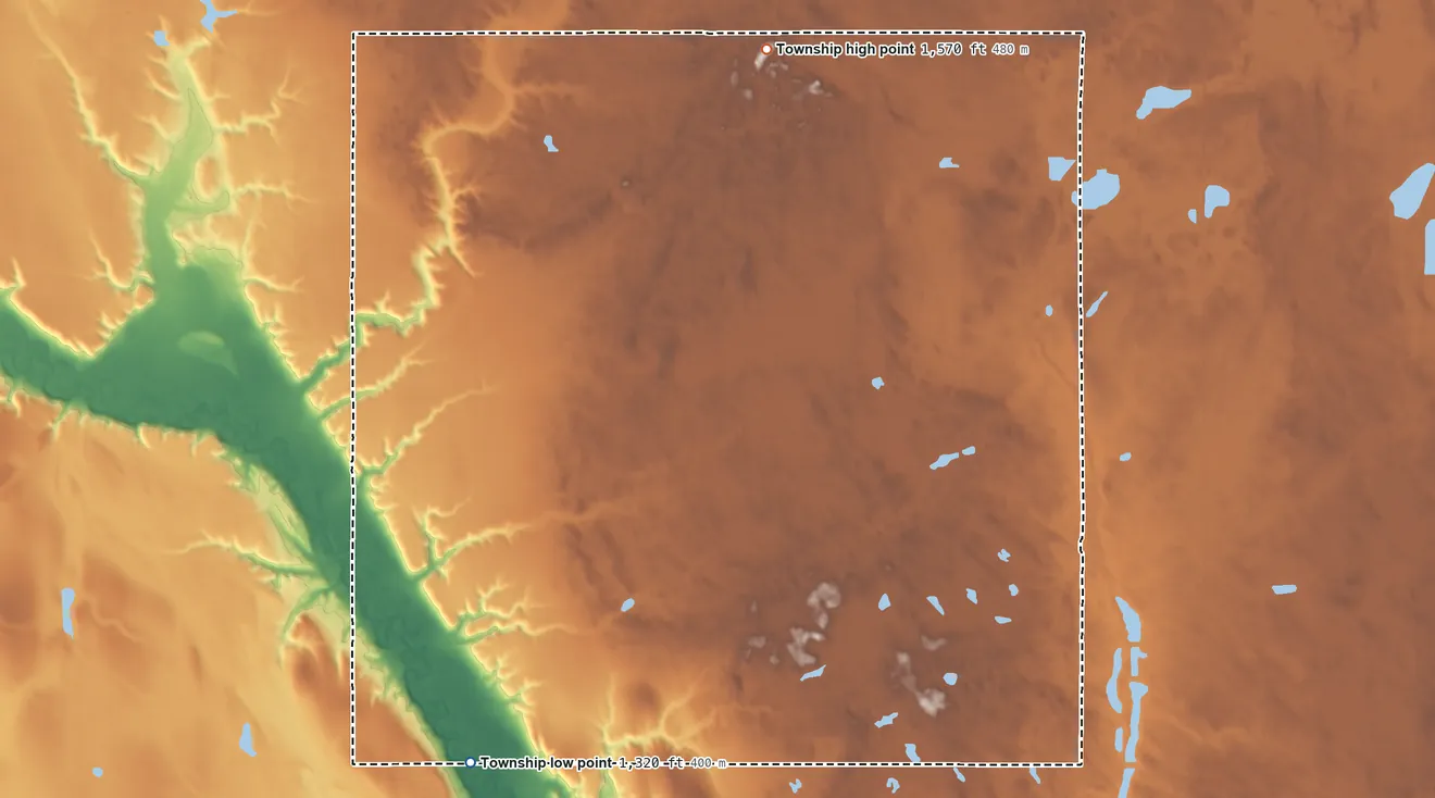 Topographic elevation map of Lee Township, North Dakota, shaded from 1,320 ft on the southwest side to 1,570 ft on the north side
