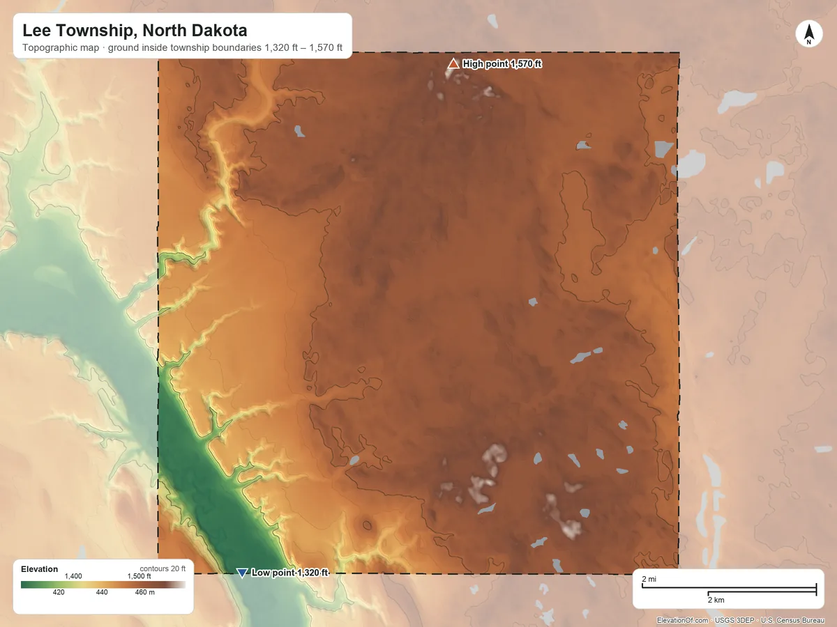 Topographic elevation map of Lee Township, North Dakota, shaded from 1,320 ft on the southwest side to 1,570 ft on the north side