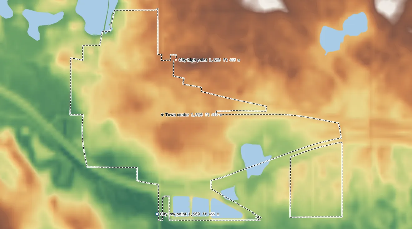 Topographic elevation map of Leeds, North Dakota, shaded from 1,500 ft on the south side to 1,520 ft on the north side