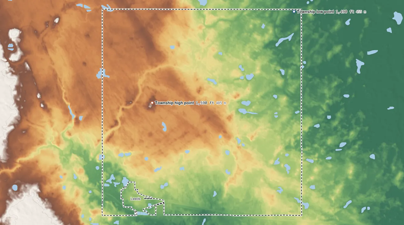 Topographic elevation map of Leeds Township, North Dakota, shaded from 1,490 ft on the northeast side to 1,590 ft on the north side