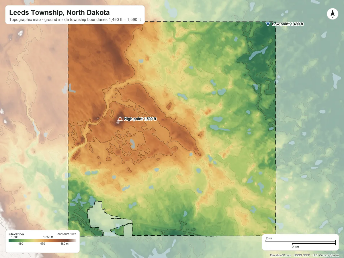 Topographic elevation map of Leeds Township, North Dakota, shaded from 1,490 ft on the northeast side to 1,590 ft on the north side