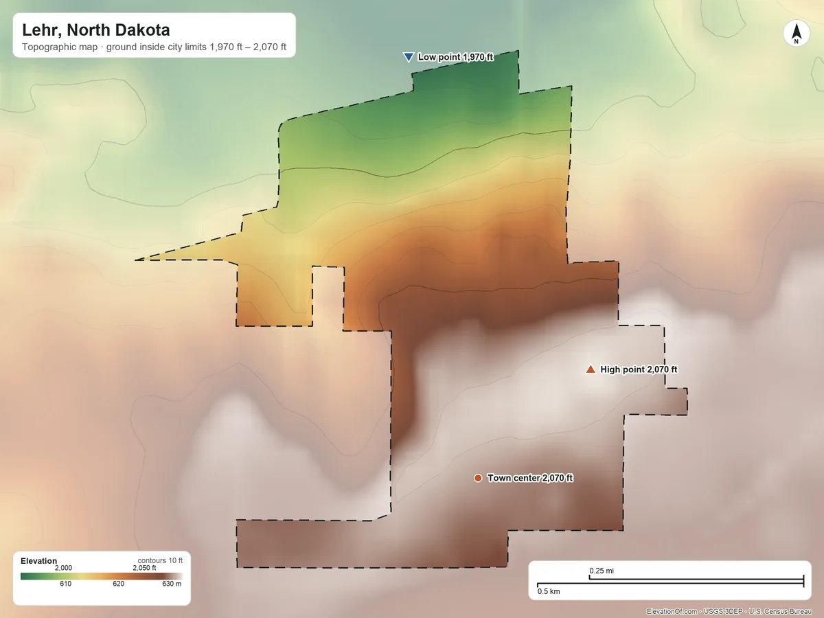 Topographic elevation map of Lehr, North Dakota, shaded from 1,970 ft on the north side to 2,070 ft on the northeast side
