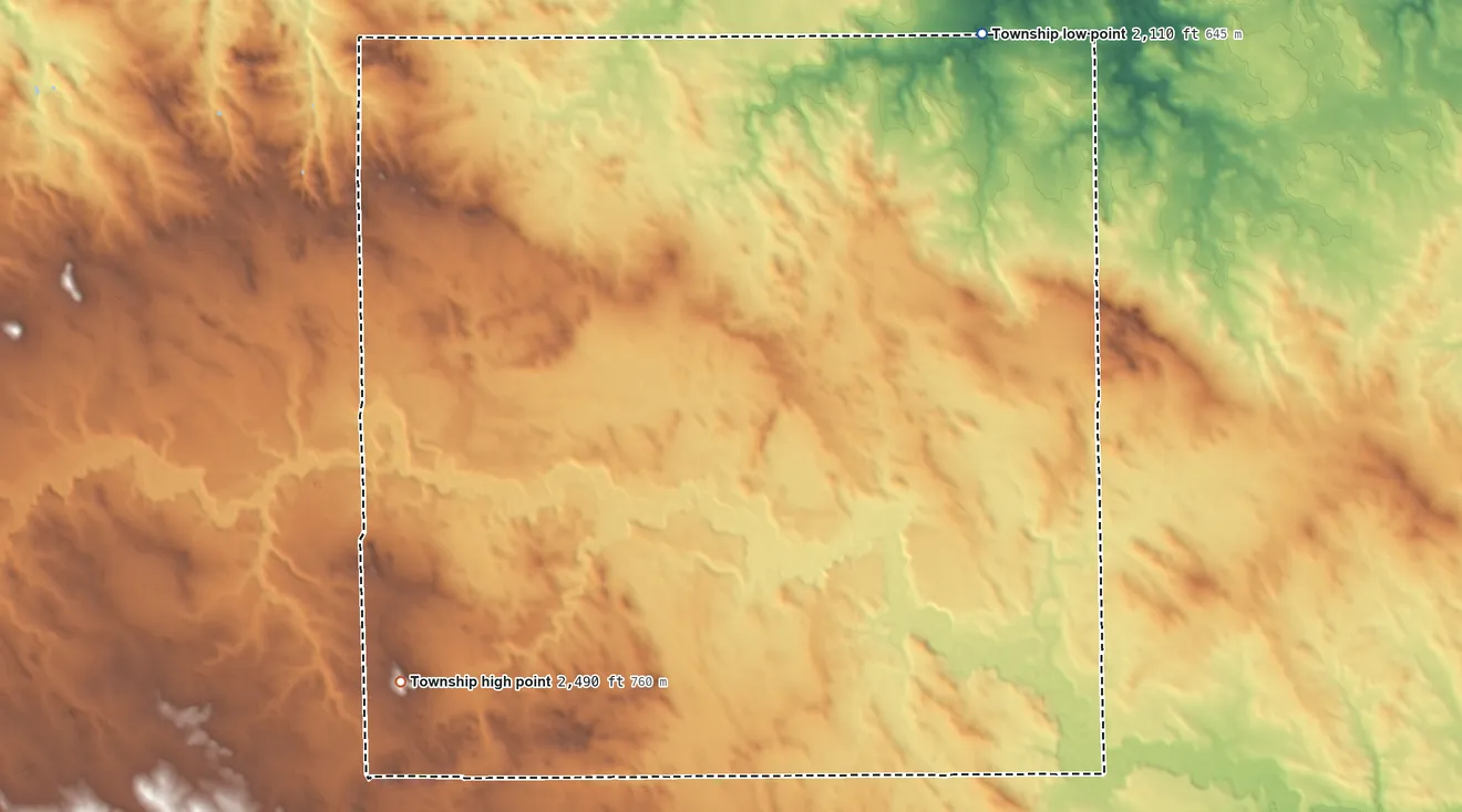 Topographic elevation map of Leipzig Township, North Dakota, shaded from 2,110 ft on the north side to 2,490 ft on the southwest side