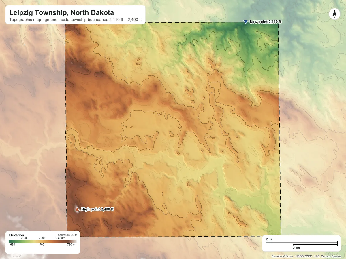 Topographic elevation map of Leipzig Township, North Dakota, shaded from 2,110 ft on the north side to 2,490 ft on the southwest side