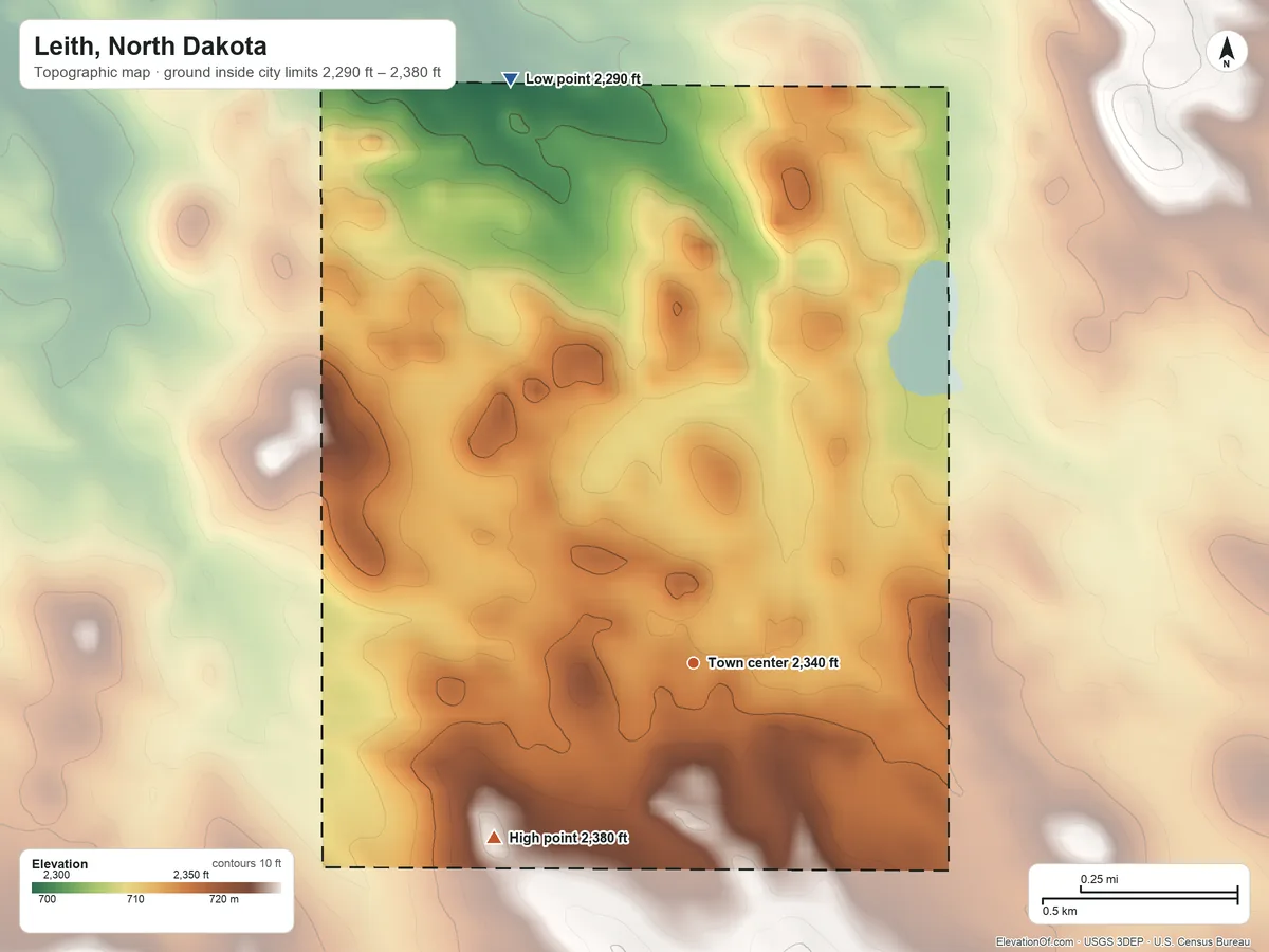 Topographic elevation map of Leith, North Dakota, shaded from 2,290 ft on the north side to 2,380 ft on the southwest side