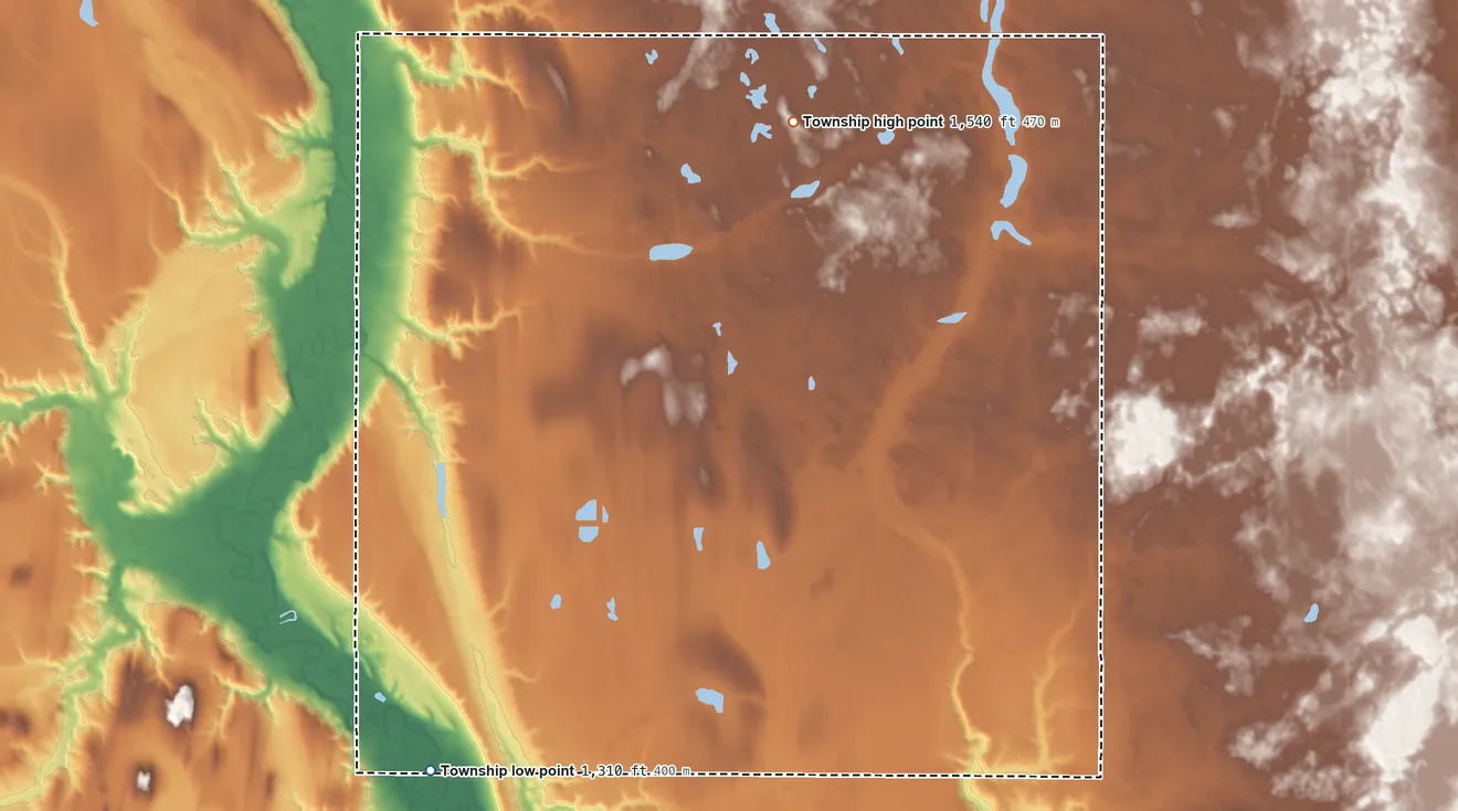 Topographic elevation map of Lenora Township, North Dakota, shaded from 1,310 ft on the southwest side to 1,540 ft on the northwest side
