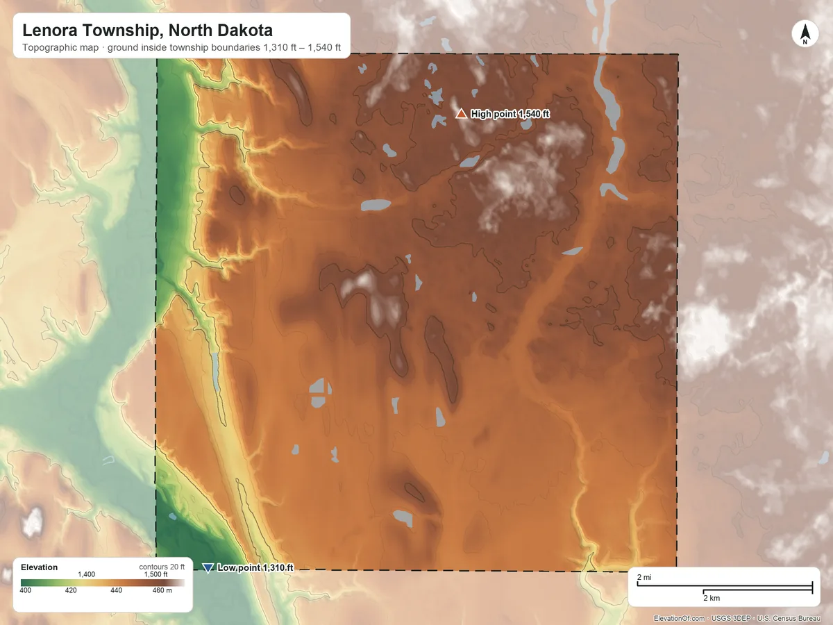 Topographic elevation map of Lenora Township, North Dakota, shaded from 1,310 ft on the southwest side to 1,540 ft on the northwest side