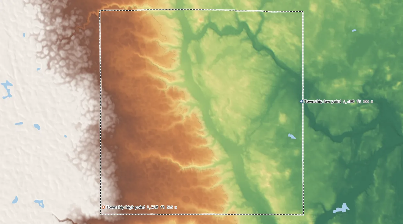 Topographic elevation map of Lenton Township, North Dakota, shaded from 1,490 ft on the east side to 1,730 ft on the southwest side