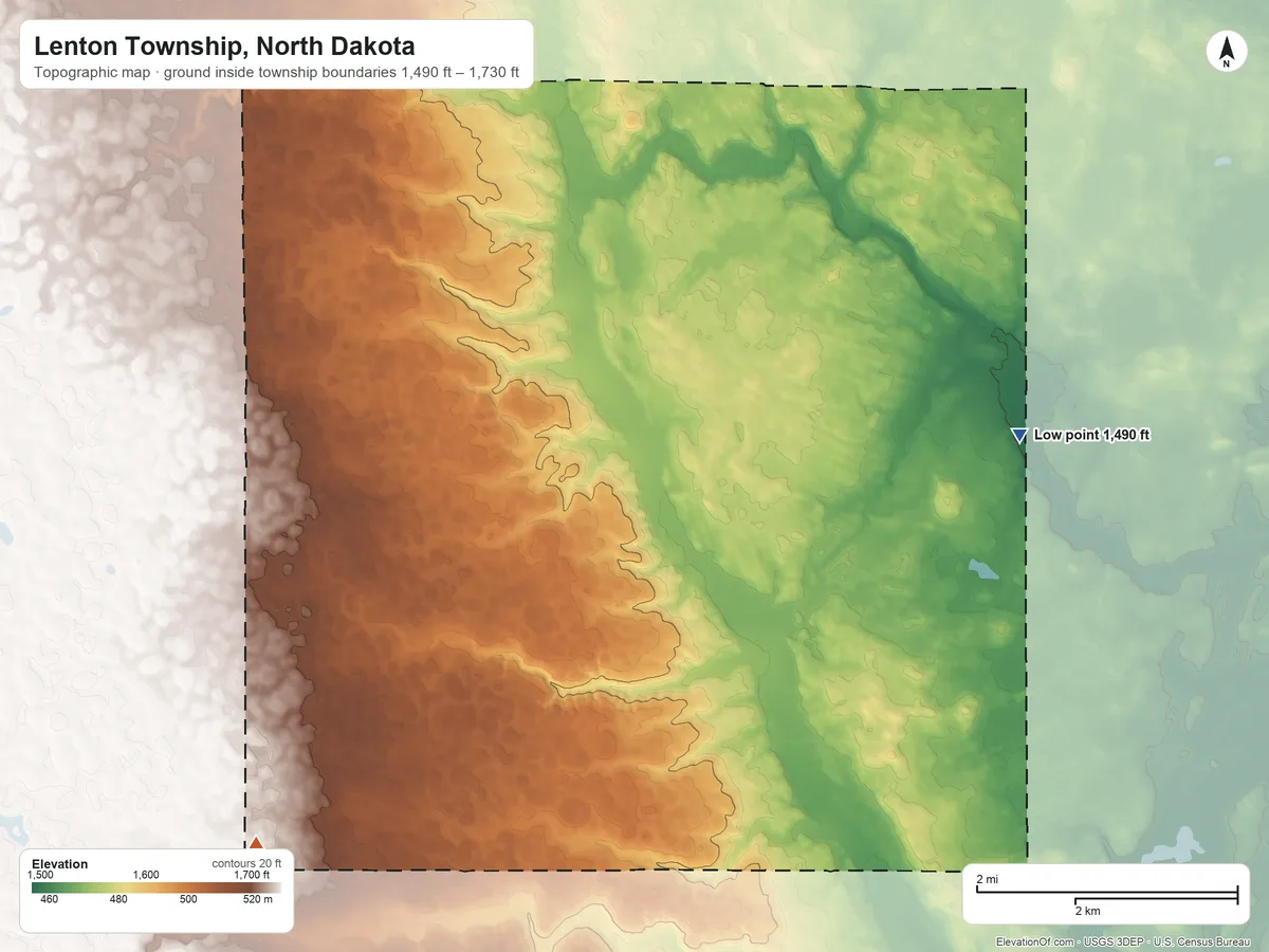 Topographic elevation map of Lenton Township, North Dakota, shaded from 1,490 ft on the east side to 1,730 ft on the southwest side