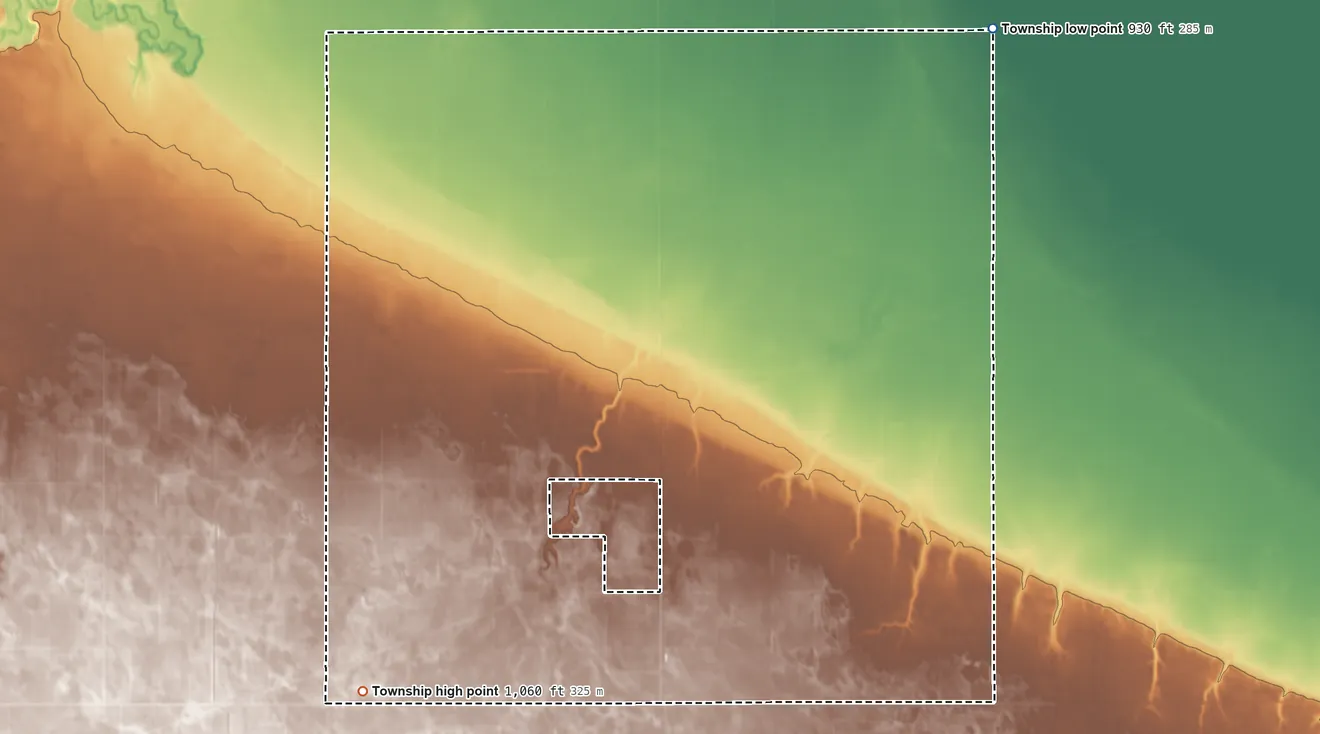 Topographic elevation map of Leonard Township, North Dakota, shaded from 930 ft on the northeast side to 1,060 ft on the southwest side
